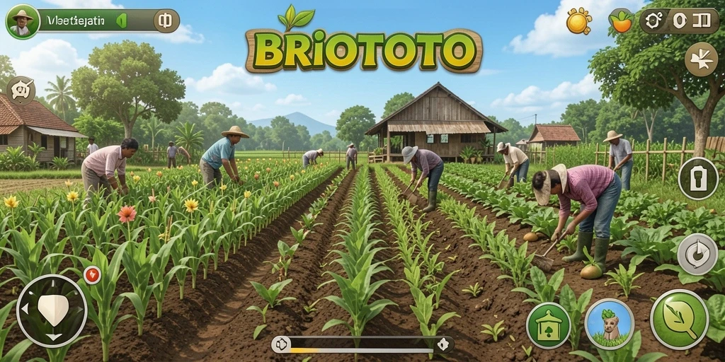 Tampilan gameplay menarik dalam BRIOTOTO dengan ladang yang subur.