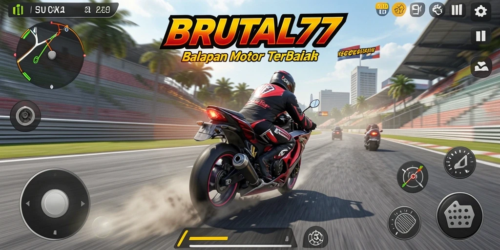 Tangkapan layar gameplay BRUTAL77 menampilkan aksi balapan motor yang intens dan seru.