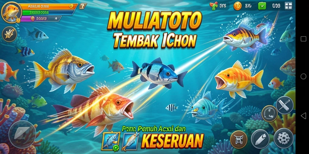 Tangkapan layar <strong>MULIATOTO</strong> yang menunjukkan gameplay menembak ikan yang seru.