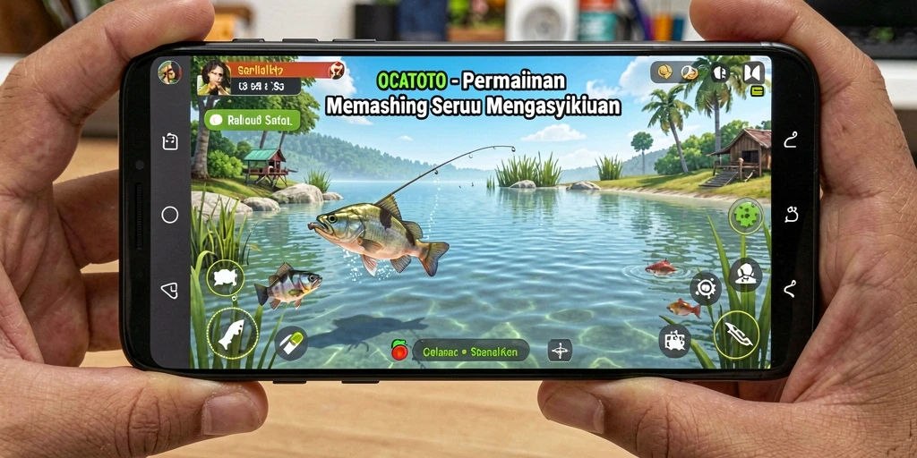 Screenshot gameplay OCATOTO yang menampilkan aksi memancing yang mendebarkan.