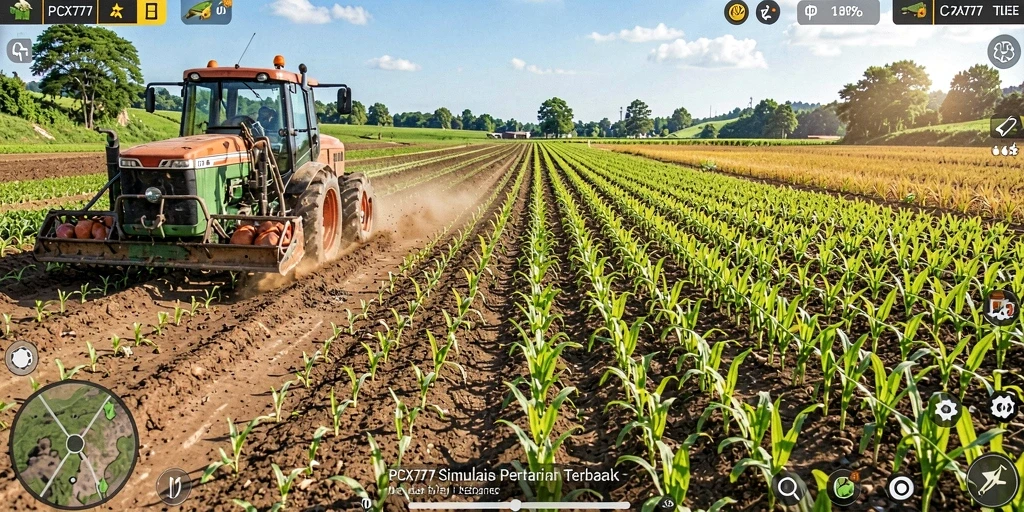 Screenshot gameplay PCX777 menunjukkan ladang pertanian yang subur dan tanaman beragam.